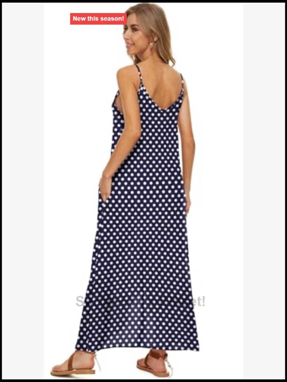V-Neck Polka Dot Print Spaghetti Strap Boho Long Maxi Dress - Picture 6 of 7